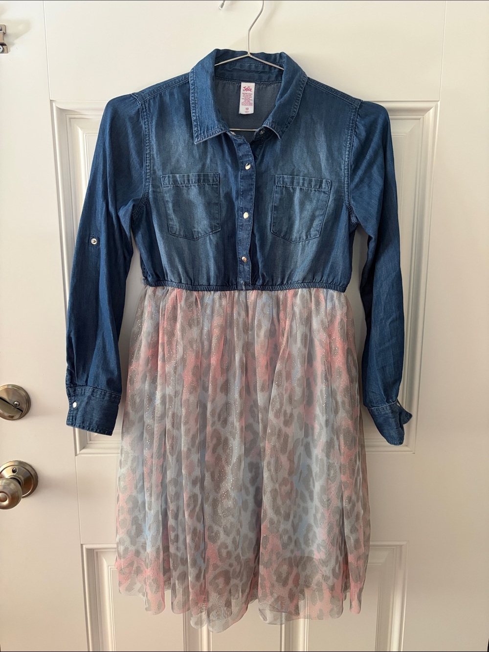 Justice Denim-Style Top with Pink Leopard Tulle Skirt